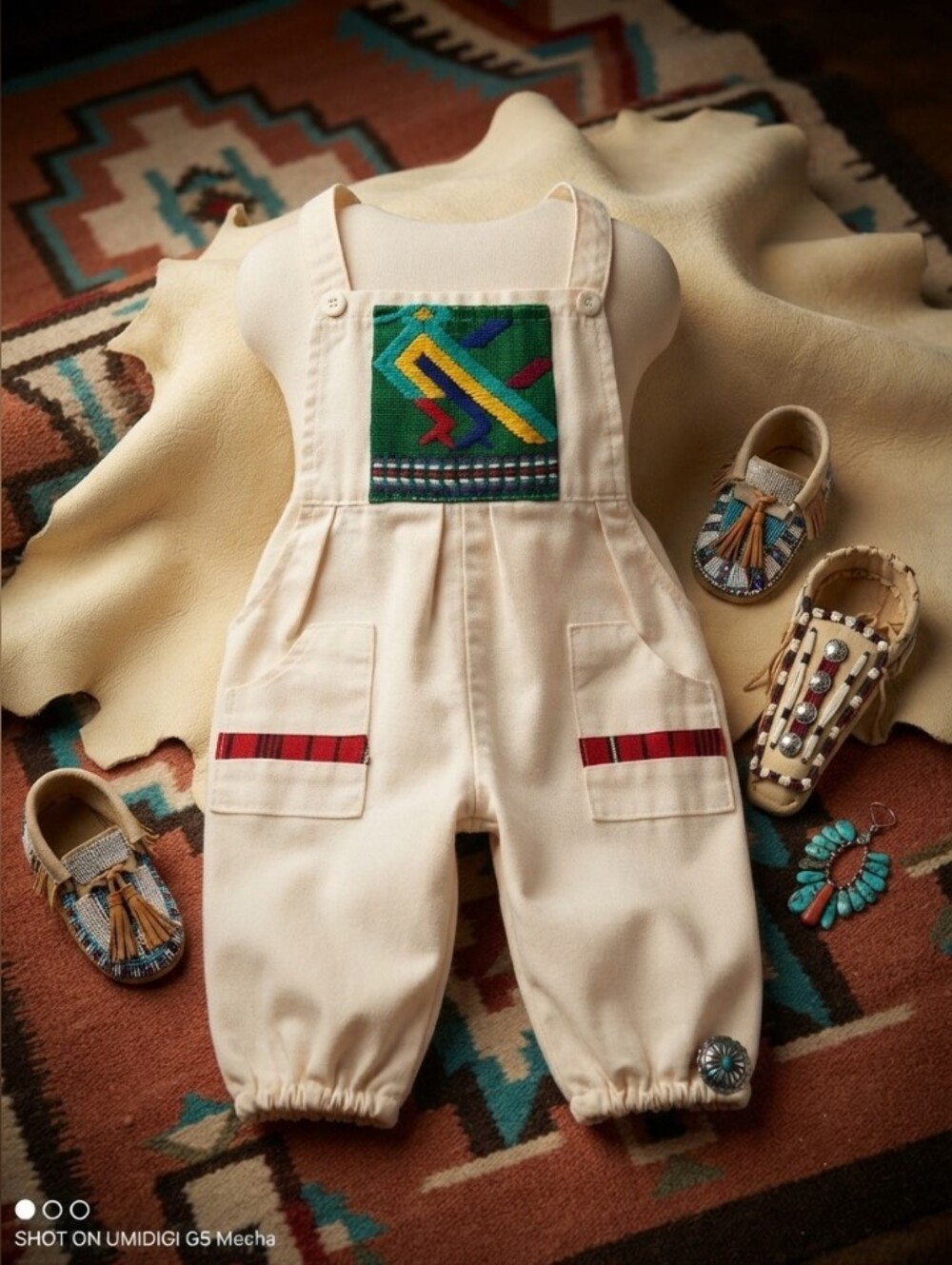 5/$100 Native American Hand Crafted Overalls with Embroidered Patch